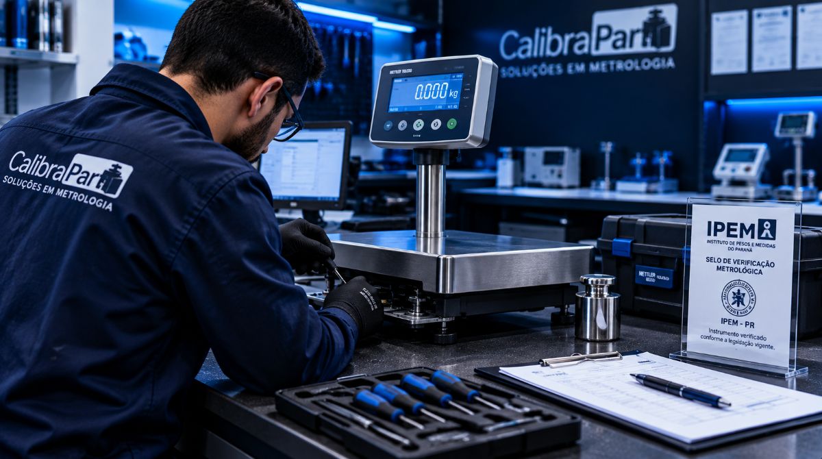 Técnico da Calibrapar em manutenção de balança de plataforma com selo de verificação do IPEM