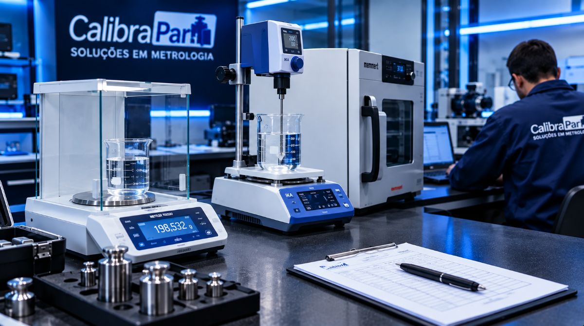Balança analítica, agitador e estufa em laboratório da Calibrapar