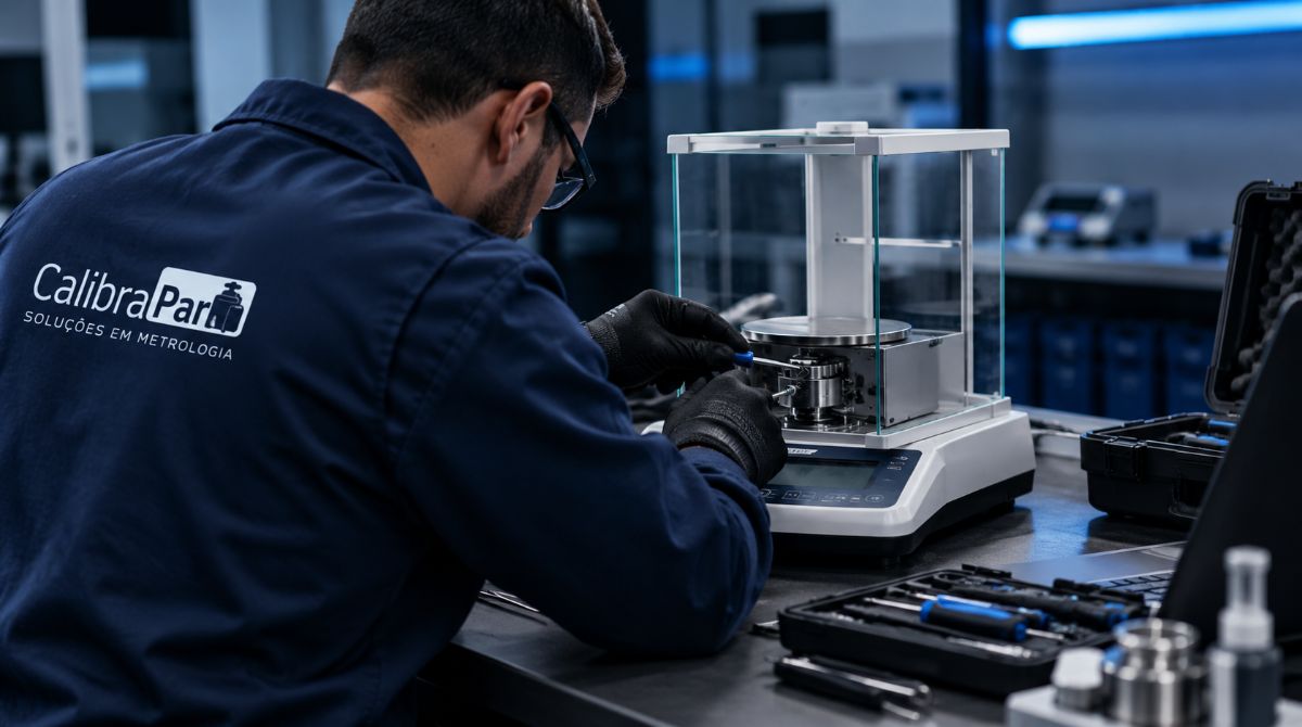 Técnico da Calibrapar realizando manutenção em balança analítica de precisão