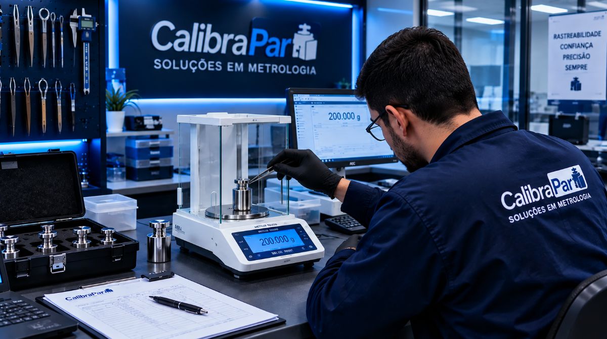 Técnico da Calibrapar ajustando balança analítica com peso padrão