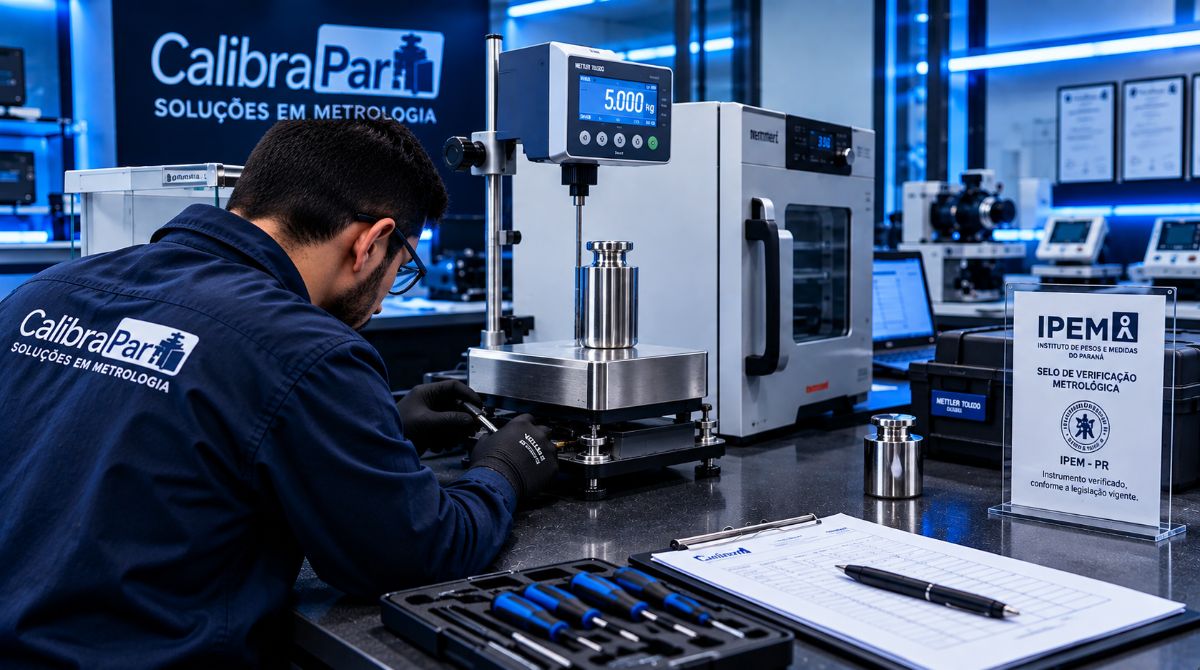 Técnico da Calibrapar ajustando balança na bancada do laboratório